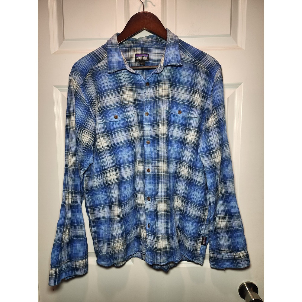 Patagonia Men's Organic Cotton Blue Plaid Long Sleeve Button Down Shirt Large